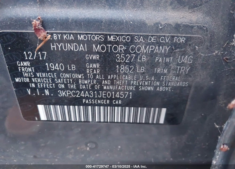 2018 HYUNDAI ACCENT VIN: 3KPC24A31JE014571