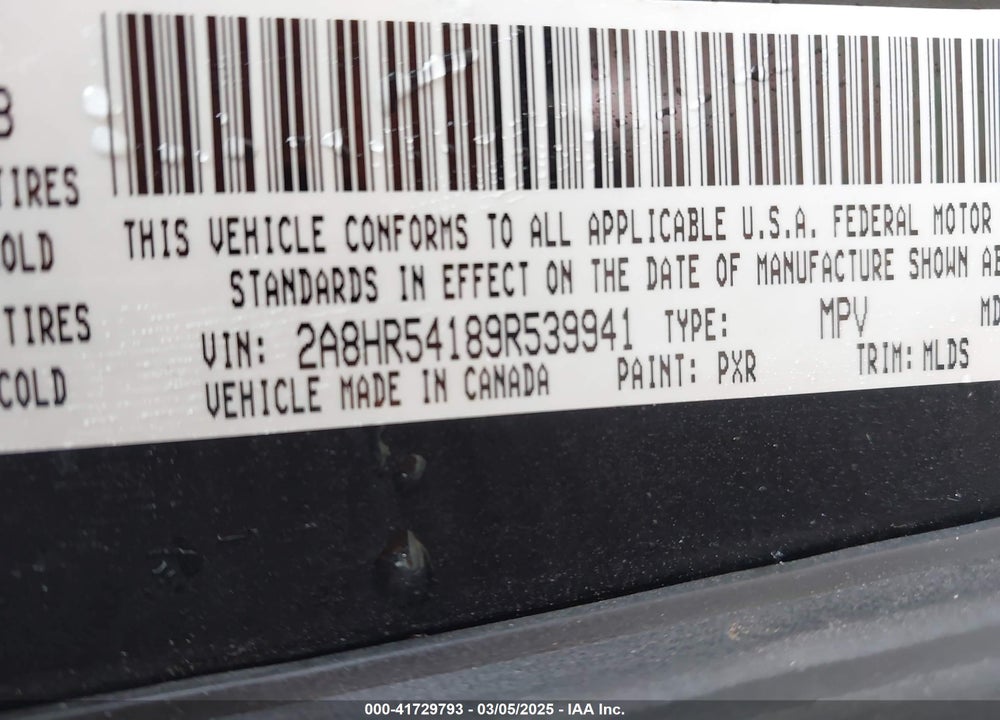 2009 CHRYSLER TOWN & COUNTRY TOURING VIN: 2A8HR54189R539941