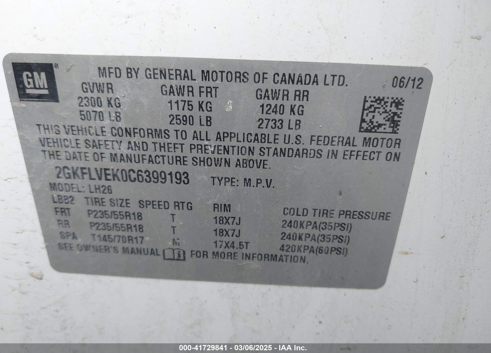 2012 GMC TERRAIN VIN: 2GKFLVEK0C6399193