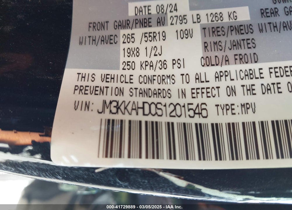 2025 MAZDA CX-90 3.3 TURBO SELECT PACKAGE VIN: JM3KKAHD0S1201546