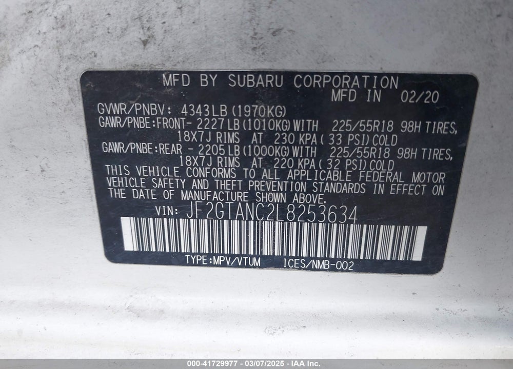 2020 SUBARU CROSSTREK LIMITED VIN: JF2GTANC2L8253634