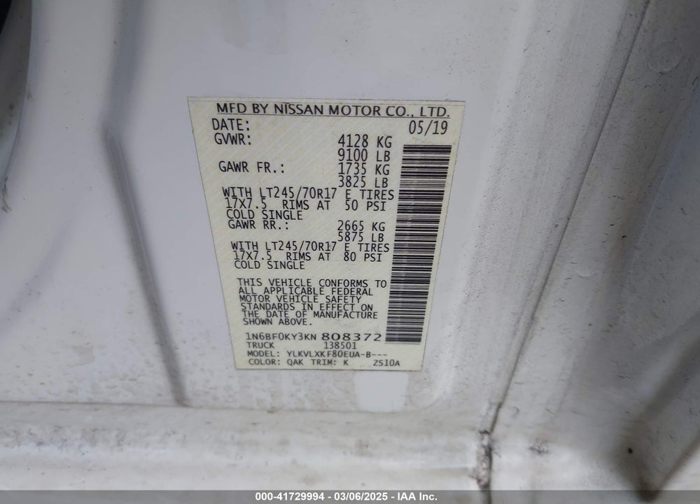 2019 NISSAN NV CARGO NV2500 HD SV V6 VIN: 1N6BF0KY3KN808372