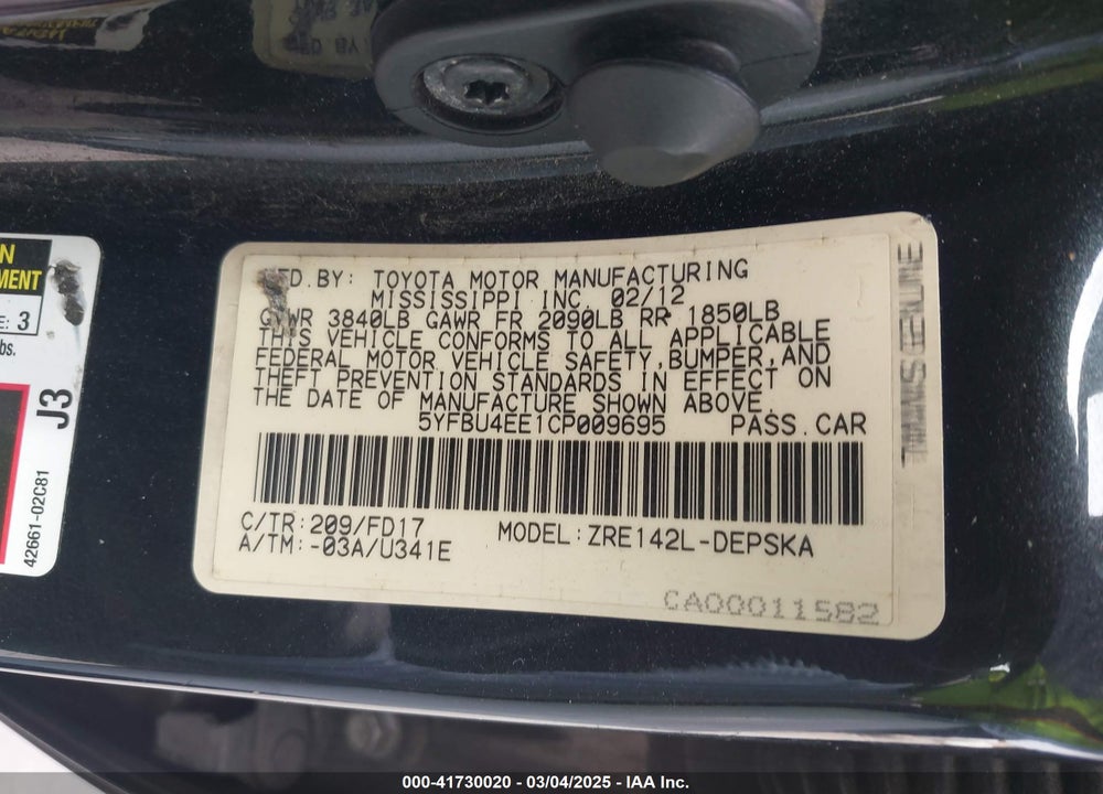 2012 TOYOTA COROLLA VIN: 5YFBU4EE1CP009695