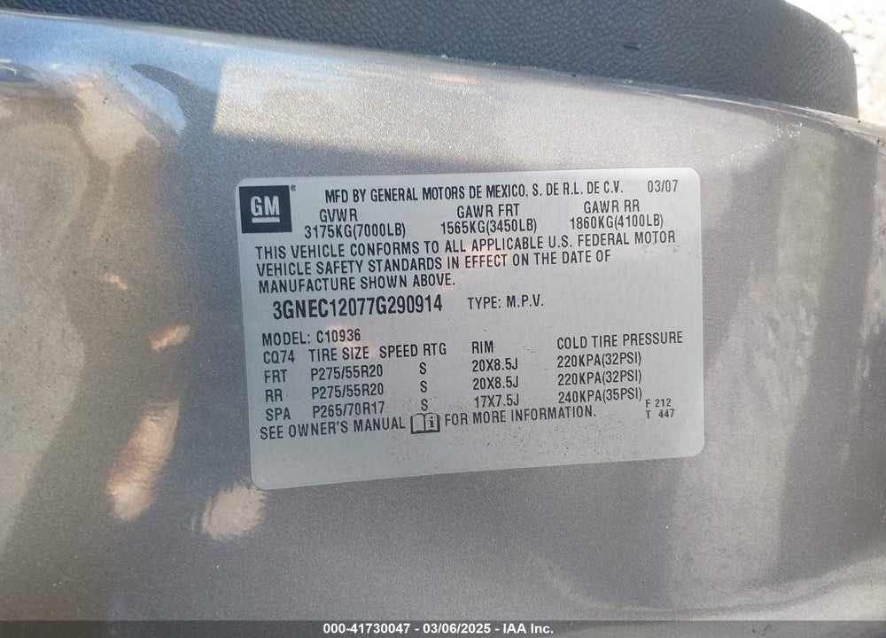 2007 CHEVROLET AVALANCHE VIN: 3GNEC12077G290914