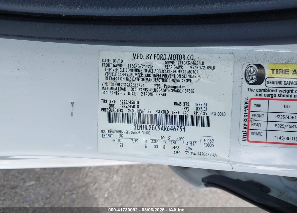 2010 LINCOLN MKZ VIN: 3LNHL2GC9AR646754