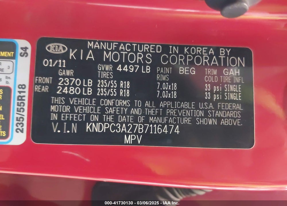 2011 KIA SPORTAGE EX VIN: KNDPC3A27B7116474