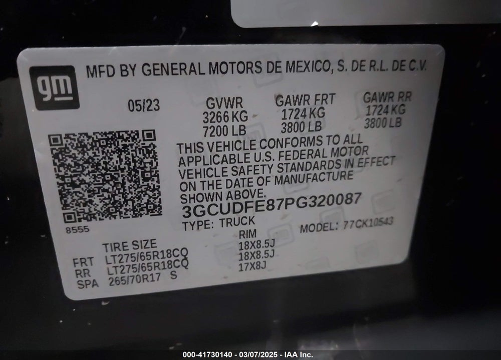 2023 CHEVROLET SILVERADO 1500 VIN: 3GCUDFE87PG320087