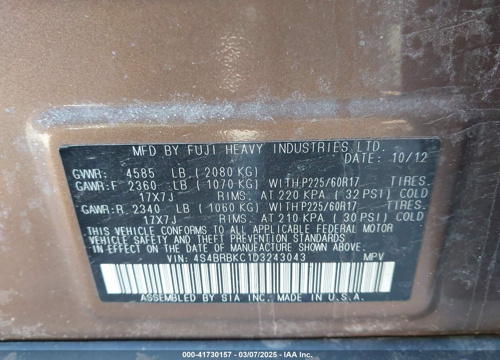 2013 SUBARU OUTBACK 2.5I LIMITED VIN: 4S4BRBKC1D3243043