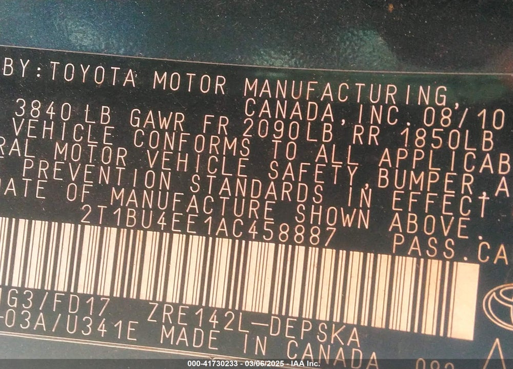 2010 TOYOTA COROLLA VIN: 2T1BU4EE1AC458887