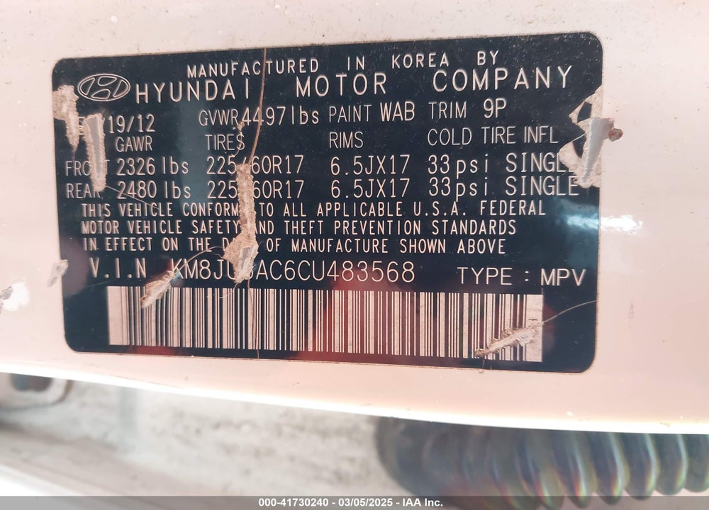 2012 HYUNDAI TUCSON VIN: KM8JU3AC6CU483568