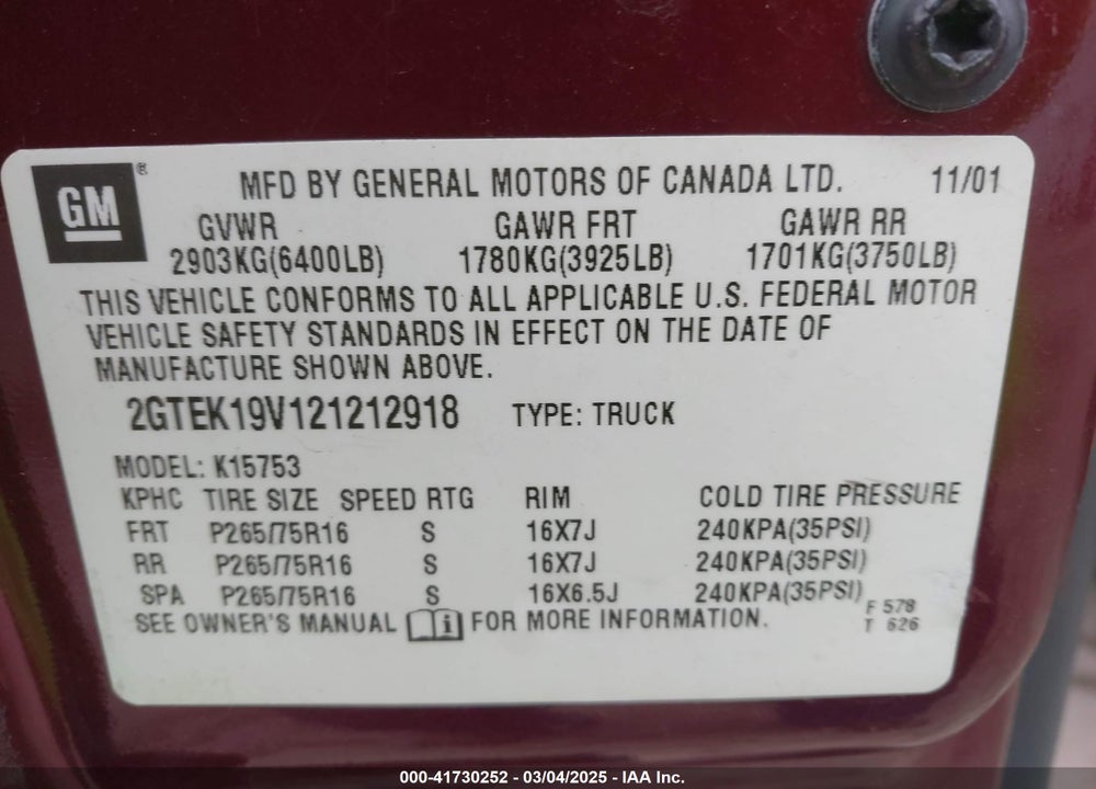 2002 GMC SIERRA 1500 SLE VIN: 2GTEK19V121212918