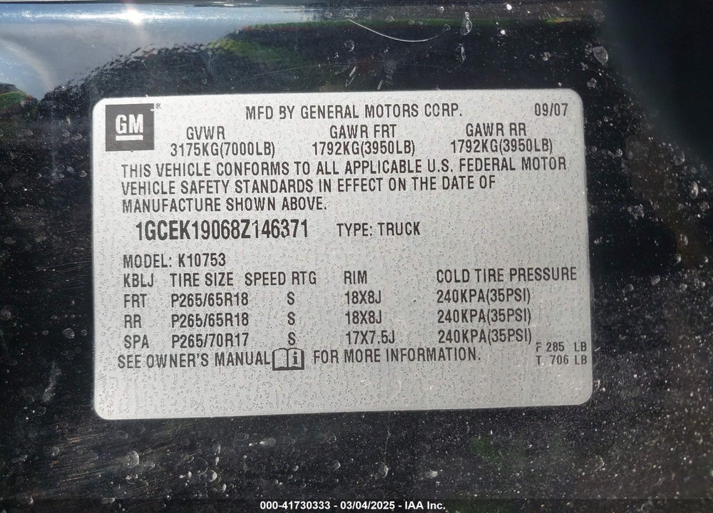 2008 CHEVROLET SILVERADO 1500 LT2 VIN: 1GCEK19068Z146371