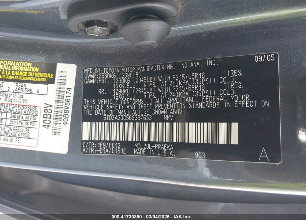 2006 TOYOTA SIENNA LE VIN: 5TDZA23C56S397653