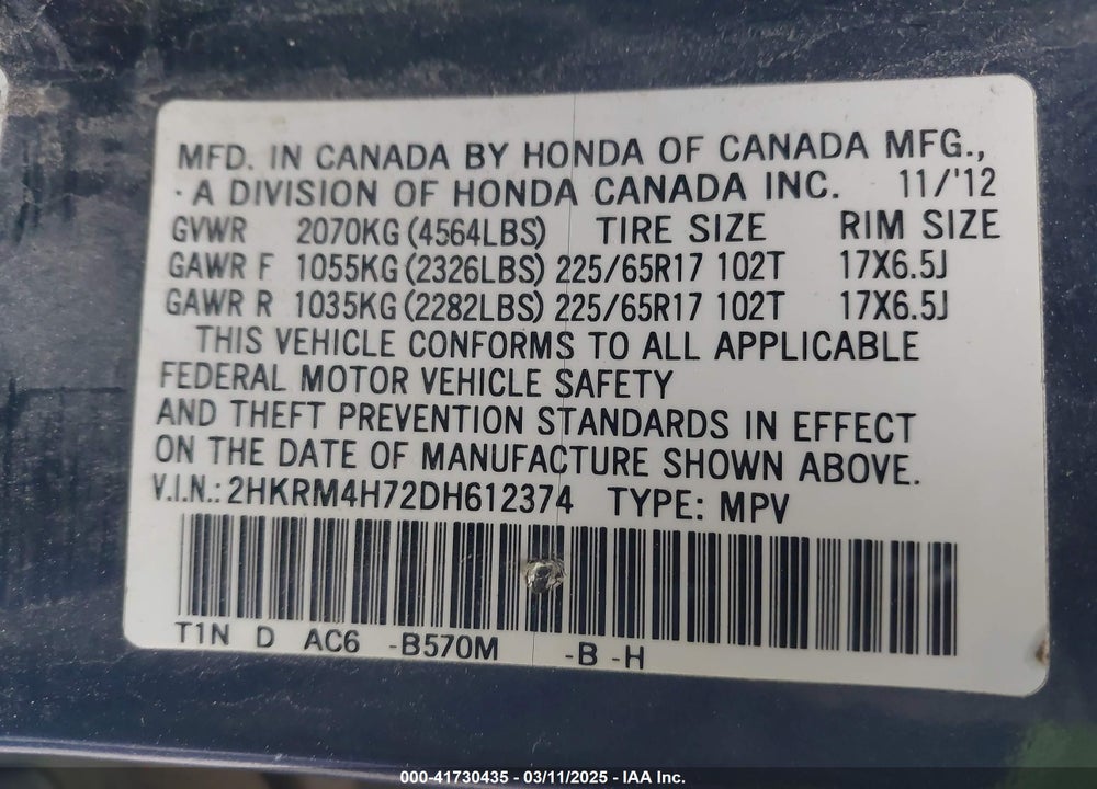 2013 HONDA CR-V VIN: 2HKRM4H72DH612374