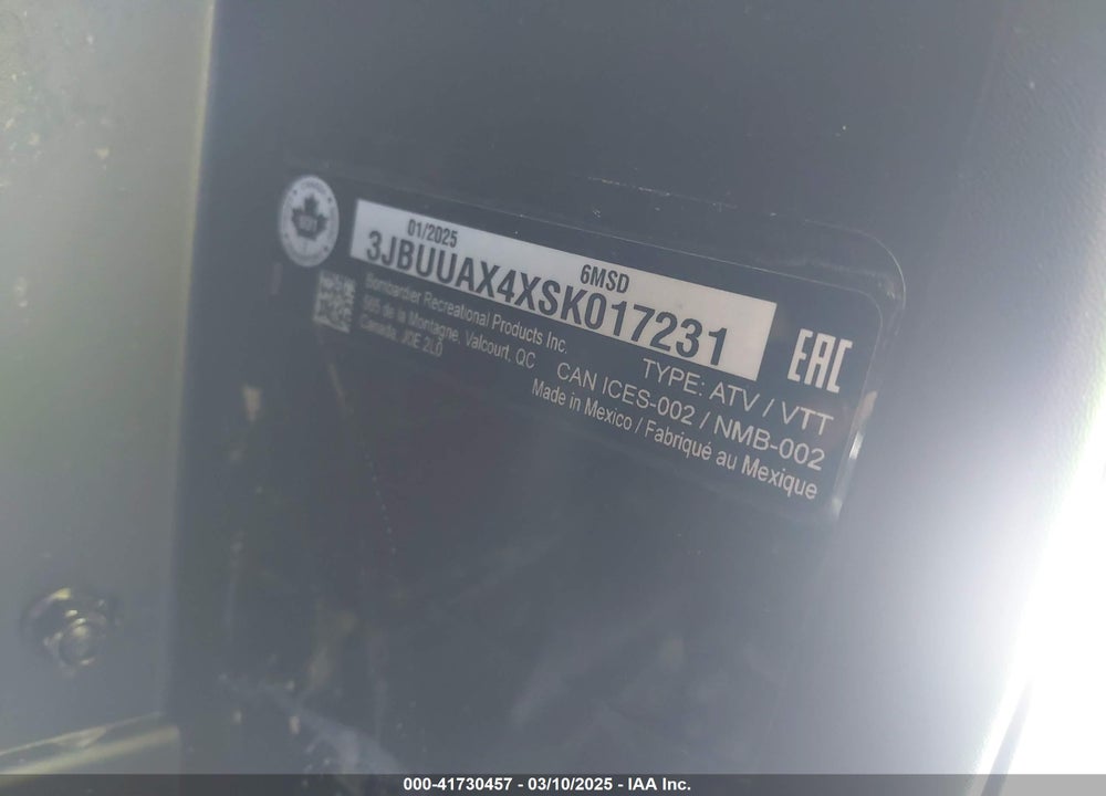 2025 CAN-AM DEFENDER MAX LIMITED CAB HD10/LONE STAR HD10 VIN: 3JBUUAX4XSK017231