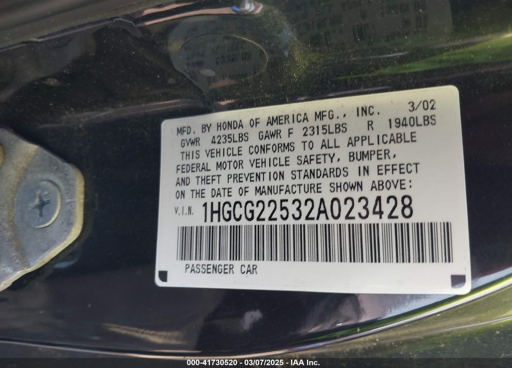2002 HONDA ACCORD VIN: 1HGCG22532A023428