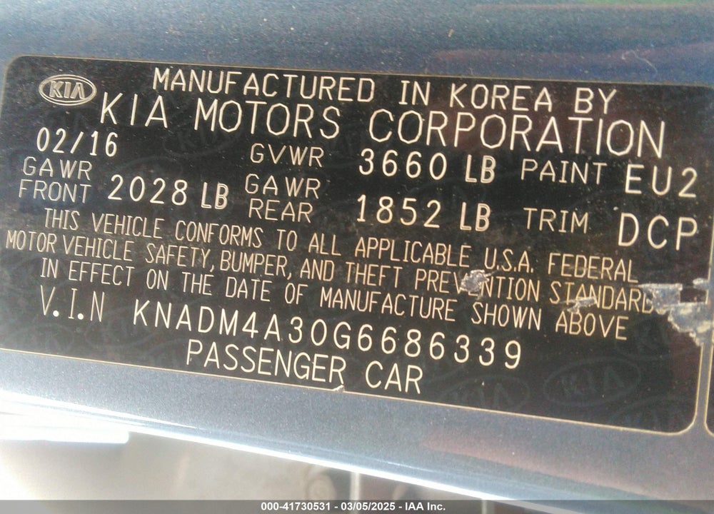 2016 KIA RIO VIN: KNADM4A30G6686339