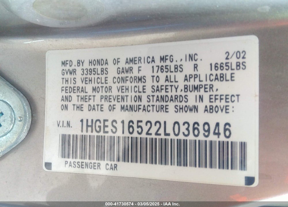 2002 HONDA CIVIC LX VIN: 1HGES16522L036946