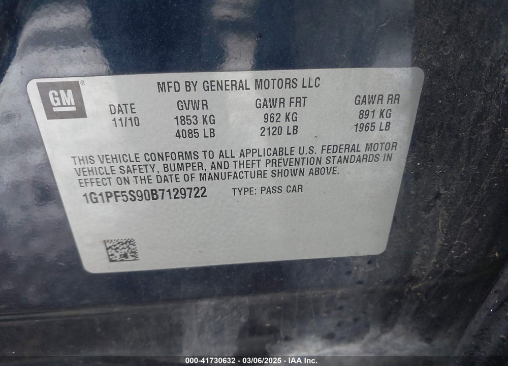 2011 CHEVROLET CRUZE 1LT VIN: 1G1PF5S90B7129722