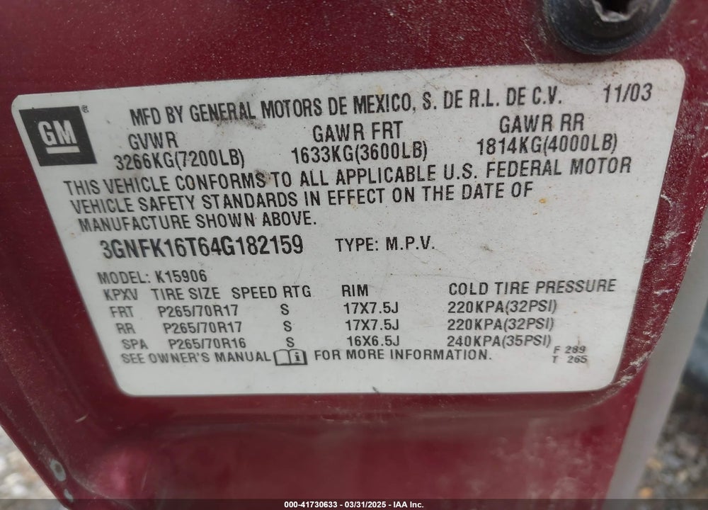 2004 CHEVROLET SUBURBAN 1500 VIN: 3GNFK16T64G182159