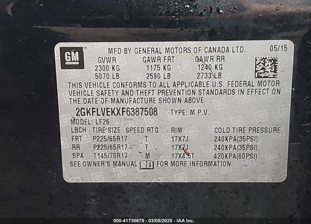 2015 GMC TERRAIN SLE-1 VIN: 2GKFLVEKXF6387508