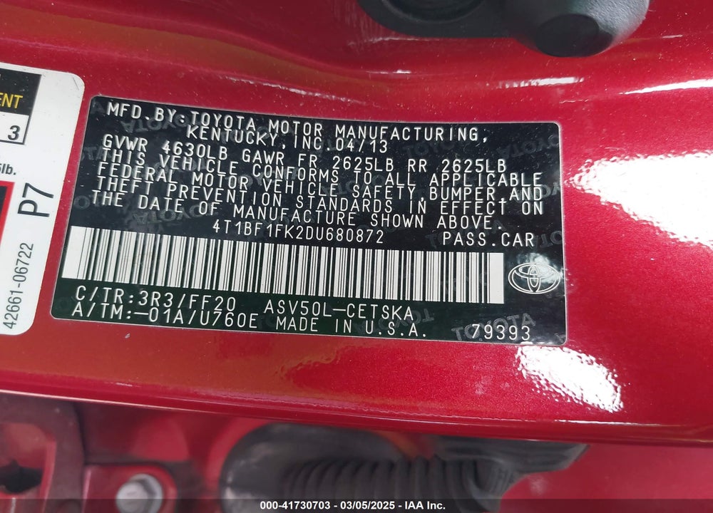 2013 TOYOTA CAMRY SE VIN: 4T1BF1FK2DU680872