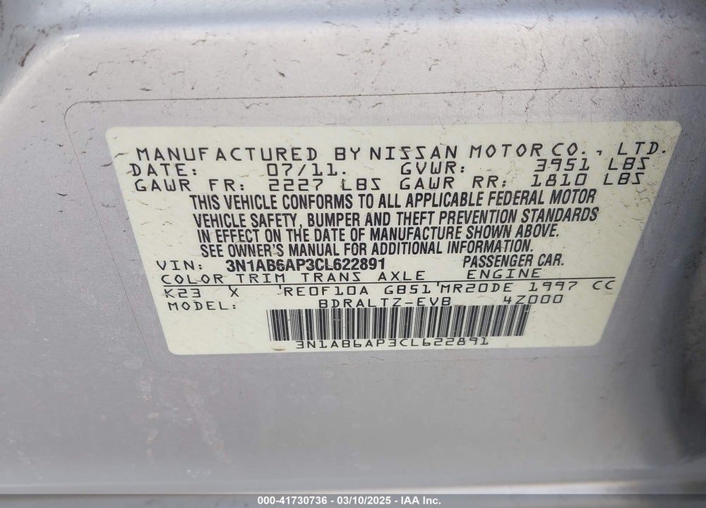 2012 NISSAN SENTRA VIN: 3N1AB6AP3CL622891