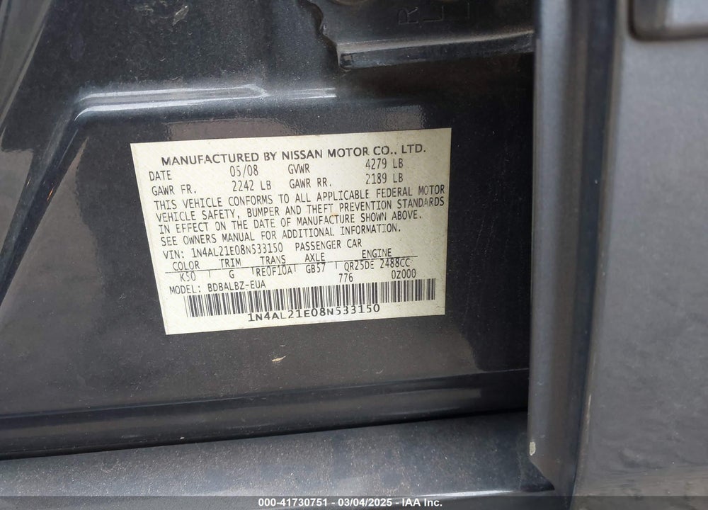 2008 NISSAN ALTIMA 2.5 S VIN: 1N4AL21E08N533150