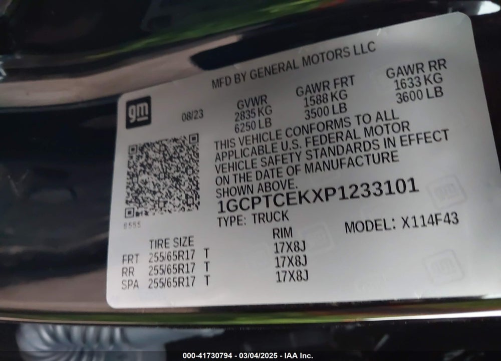 2023 CHEVROLET COLORADO VIN: 1GCPTCEKXP1233101