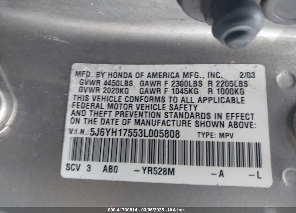 2003 HONDA ELEMENT VIN: 5J6YH17553L005808