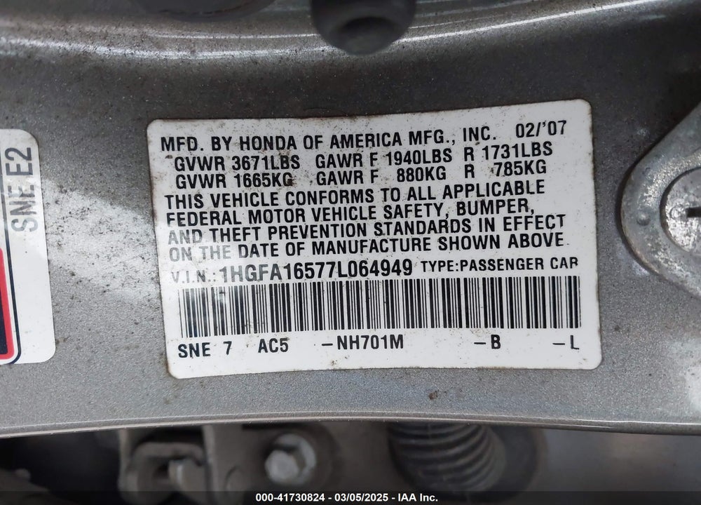 2007 HONDA CIVIC LX VIN: 1HGFA16577L064949
