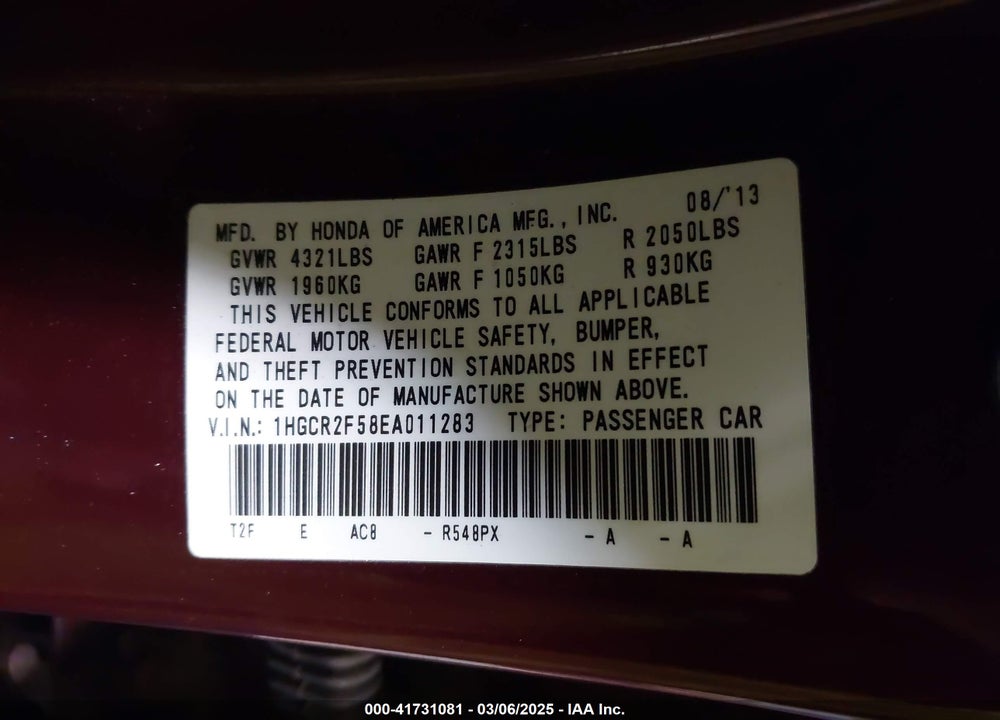 2014 HONDA ACCORD VIN: 1HGCR2F58EA011283