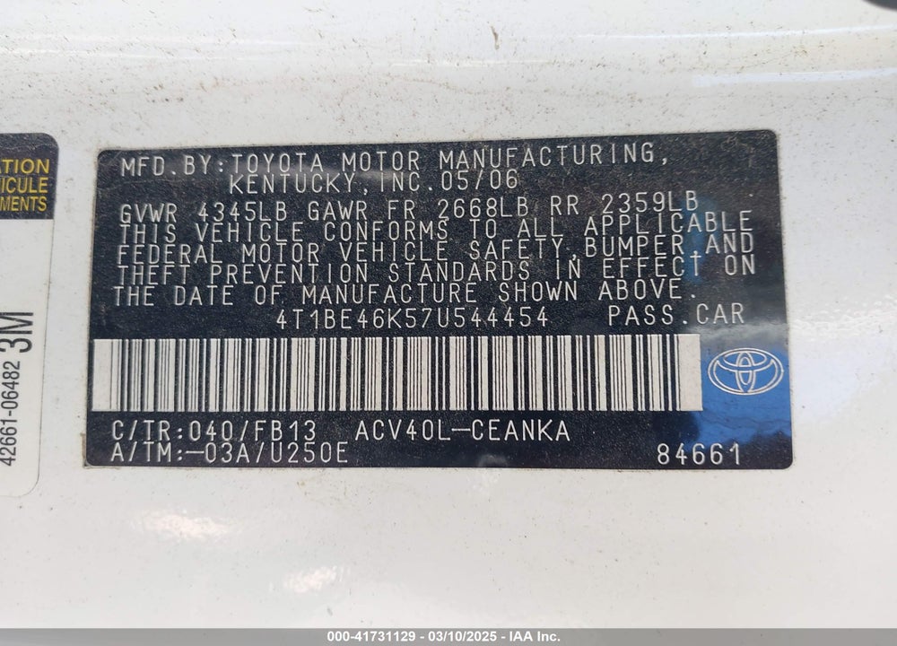 2007 TOYOTA CAMRY LE VIN: 4T1BE46K57U544454