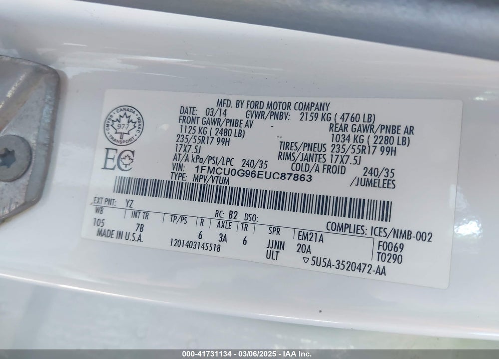 2014 FORD ESCAPE VIN: 1FMCU0G96EUC87863