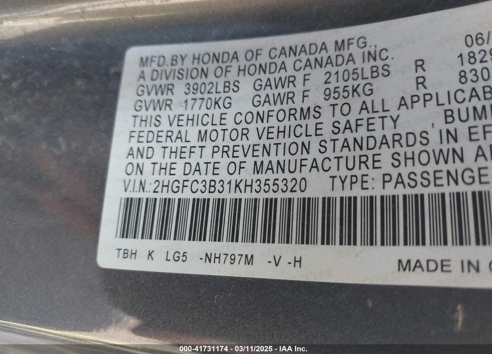 2019 HONDA CIVIC VIN: 2HGFC3B31KH355320