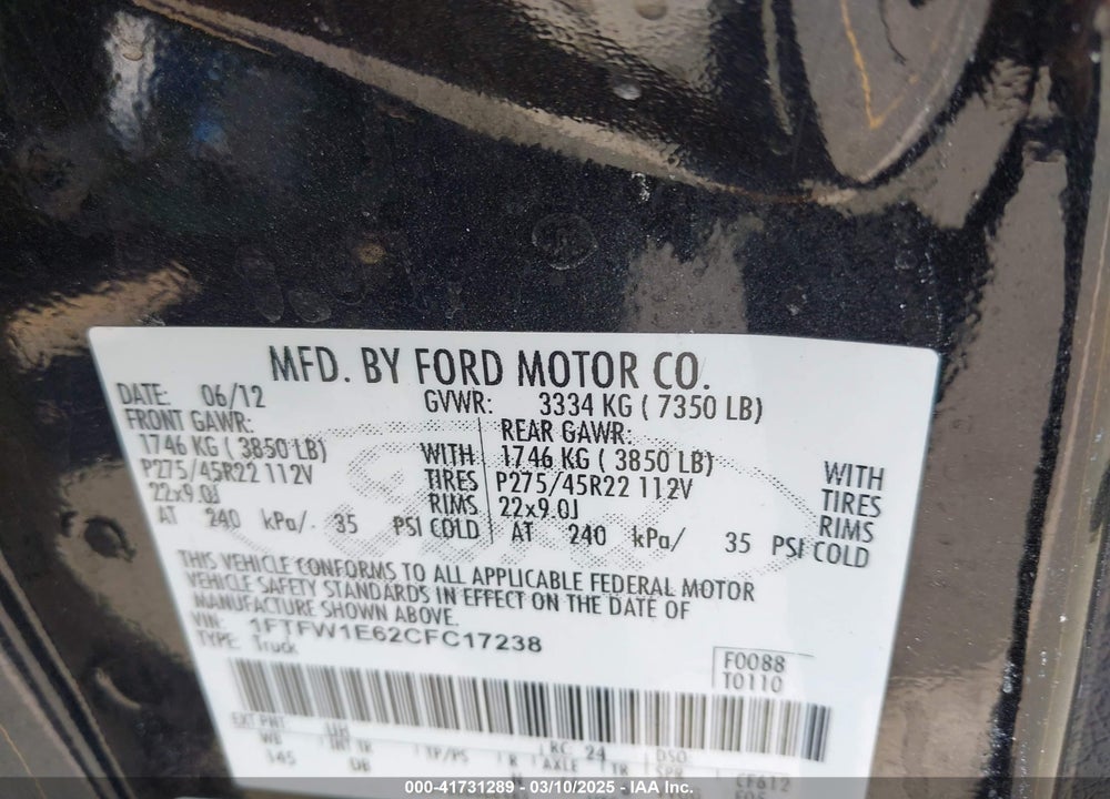 2012 FORD F-150 HARLEY-DAVIDSON VIN: 1FTFW1E62CFC17238