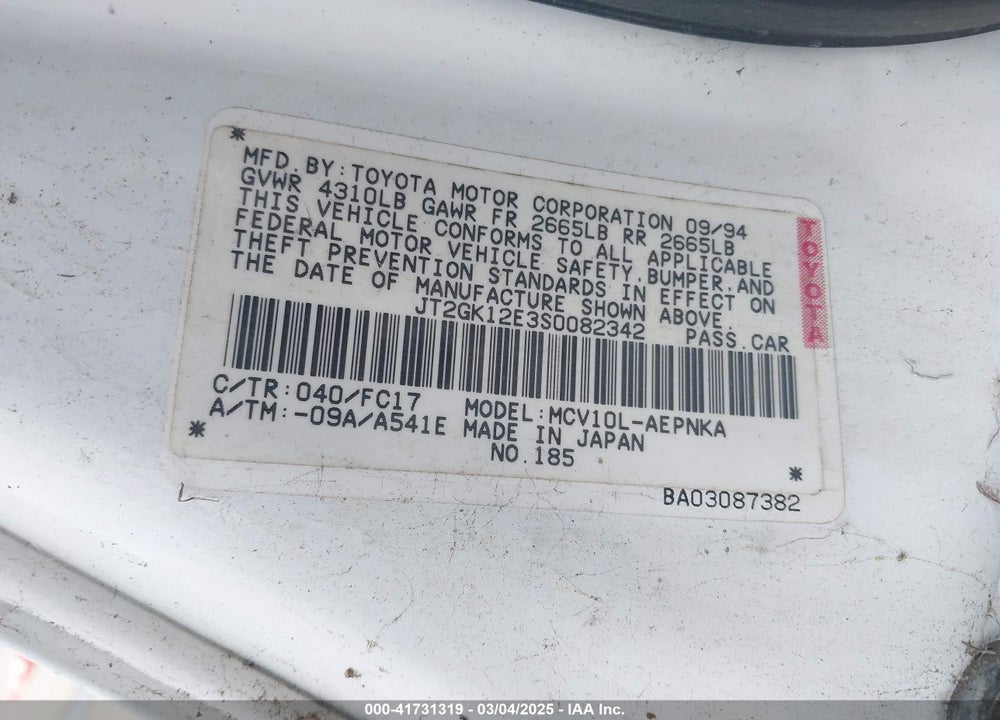 1995 TOYOTA CAMRY VIN: JT2GK12E3S0082342