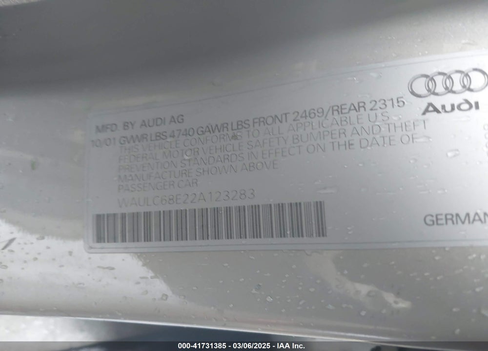 2002 AUDI A4 1.8T VIN: WAULC68E22A123283