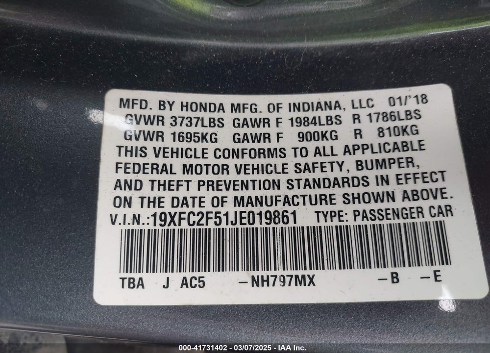 2018 HONDA CIVIC VIN: 19XFC2F51JE019861