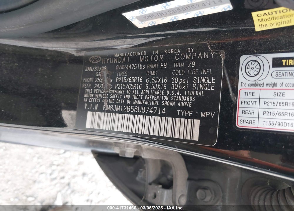 2008 HYUNDAI TUCSON GLS VIN: KM8JM12B58U874714
