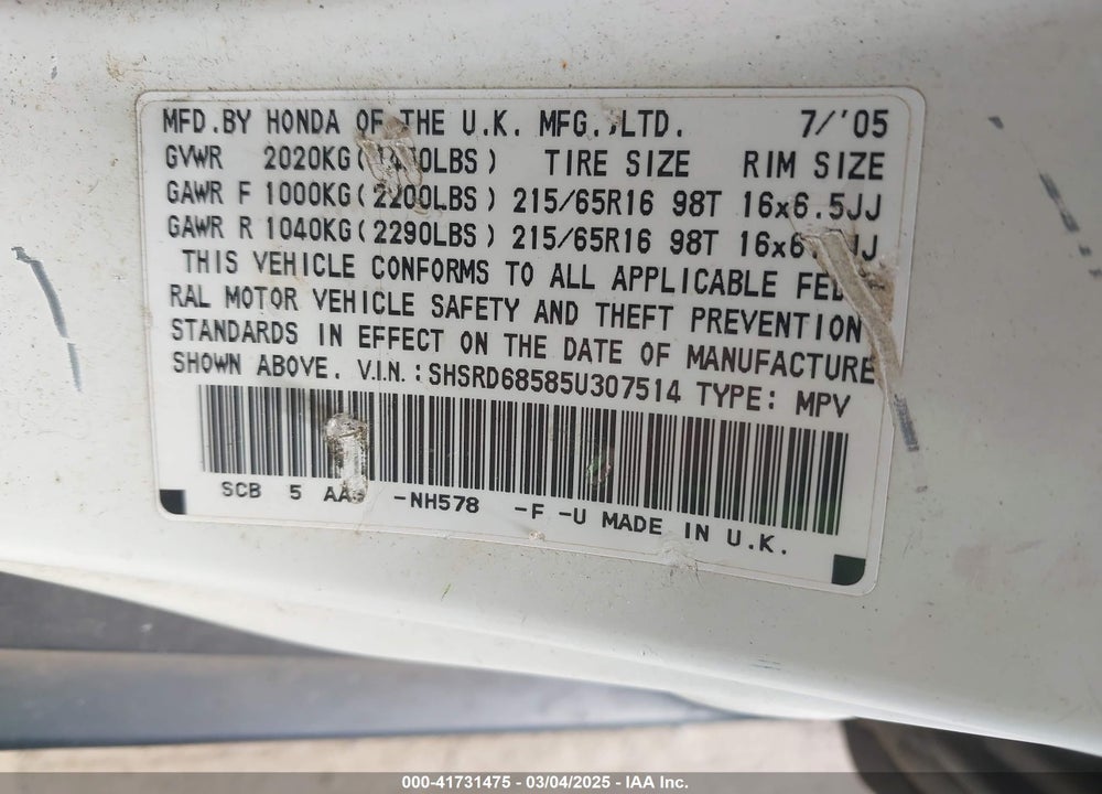 2005 HONDA CR-V LX VIN: SHSRD68585U307514