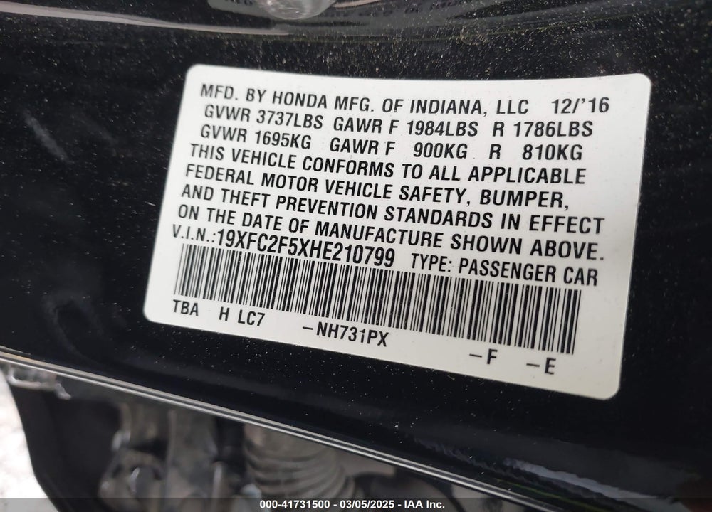2017 HONDA CIVIC VIN: 19XFC2F5XHE210799