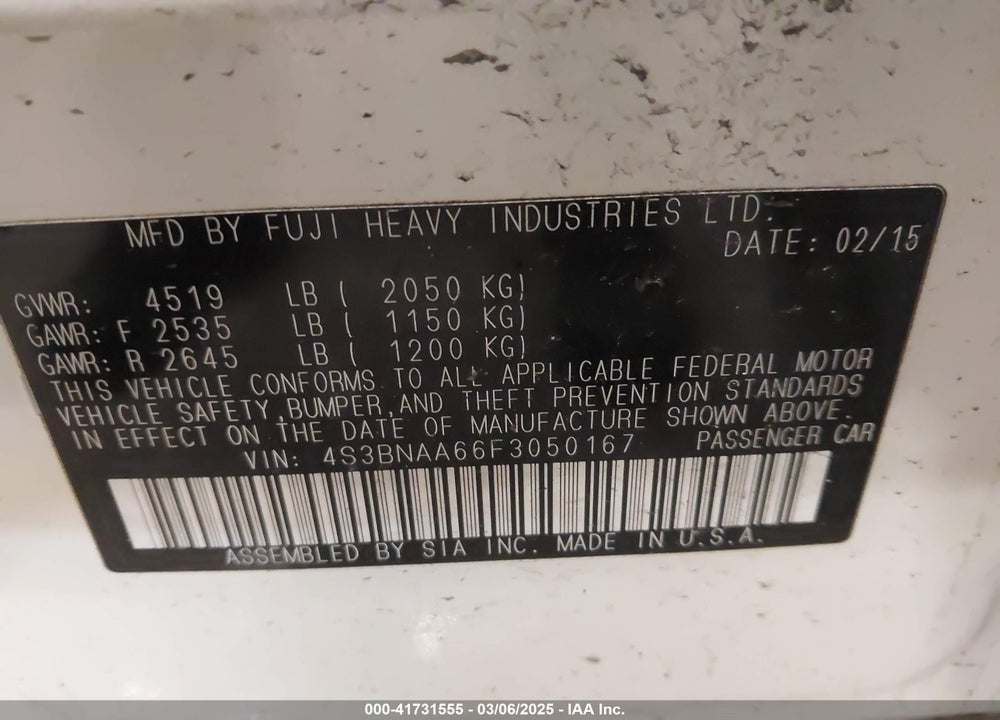 2015 SUBARU LEGACY VIN: 4S3BNAA66F3050167