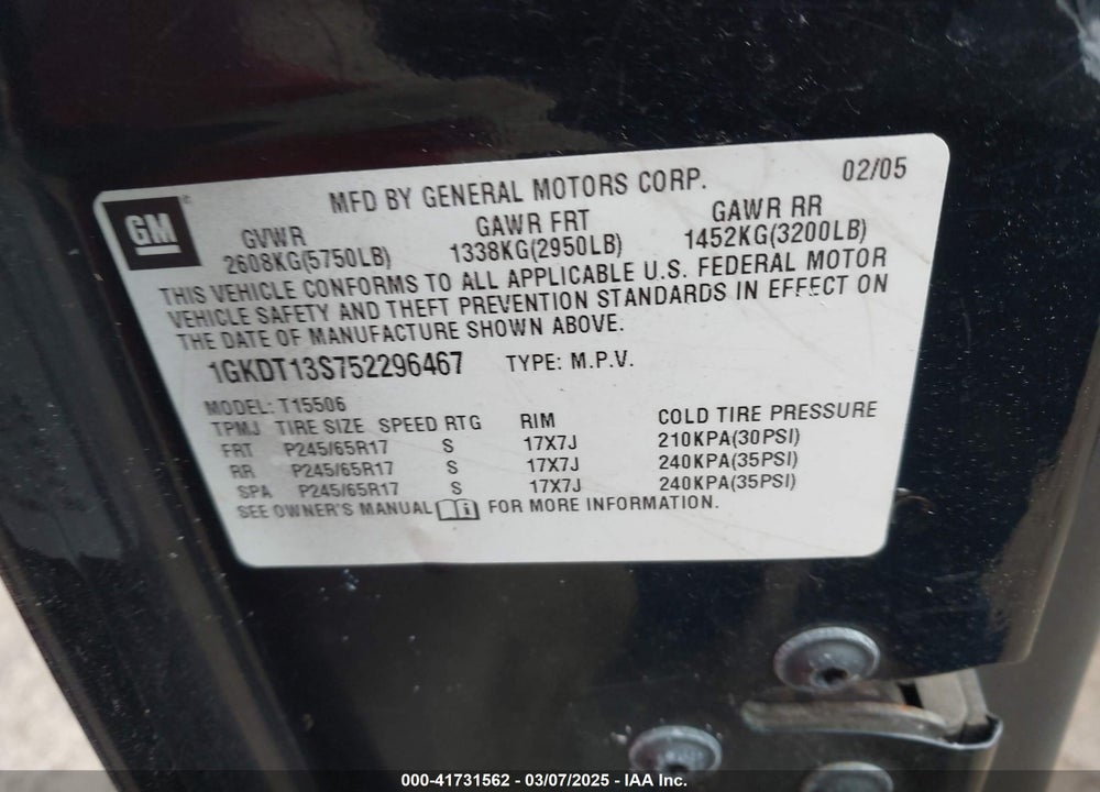 2005 GMC ENVOY SLT VIN: 1GKDT13S752296467