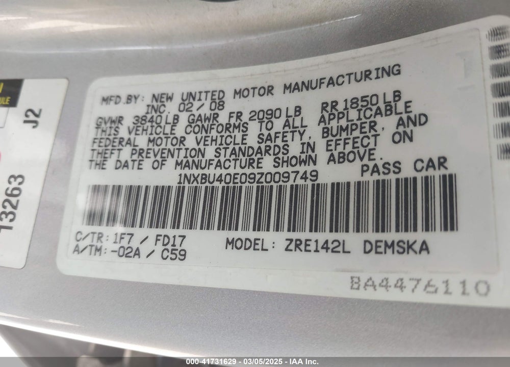 2009 TOYOTA COROLLA VIN: 1NXBU40E09Z009749