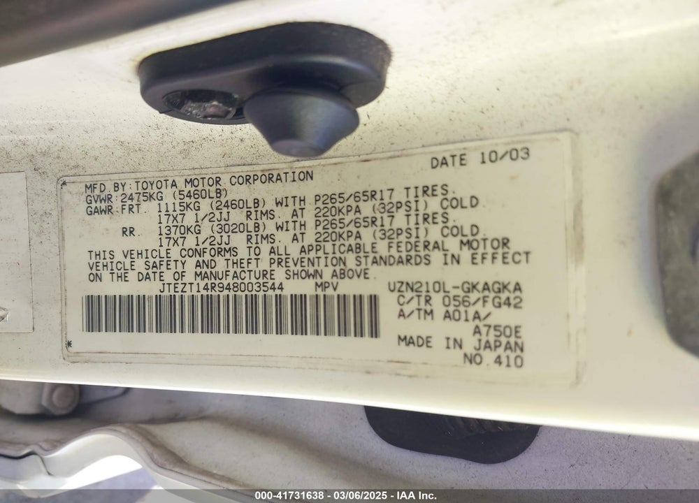 2004 TOYOTA 4RUNNER SR5 V8 VIN: JTEZT14R948003544