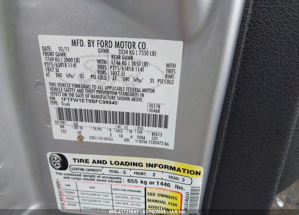 2011 FORD F-150 XLT VIN: 1FTFW1ET9BFC98940