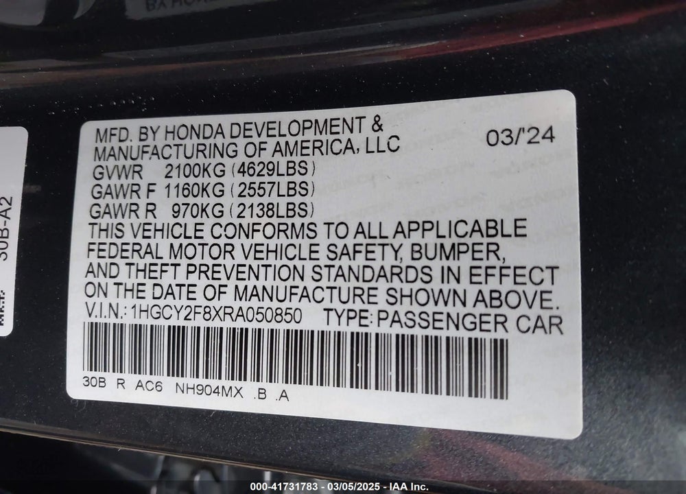 2024 HONDA ACCORD VIN: 1HGCY2F8XRA050850