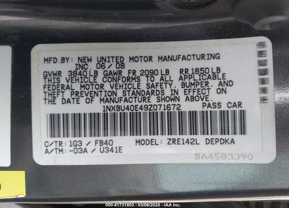 2009 TOYOTA COROLLA VIN: 1NXBU40E49Z071672