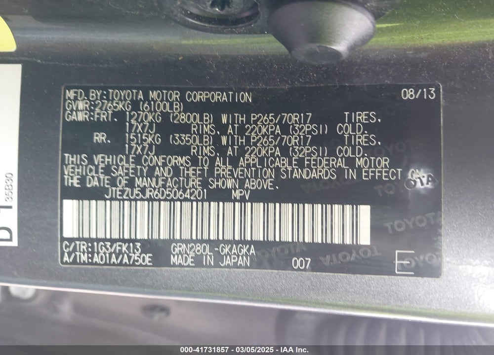 2013 TOYOTA 4RUNNER SR5 VIN: JTEZU5JR6D5064201
